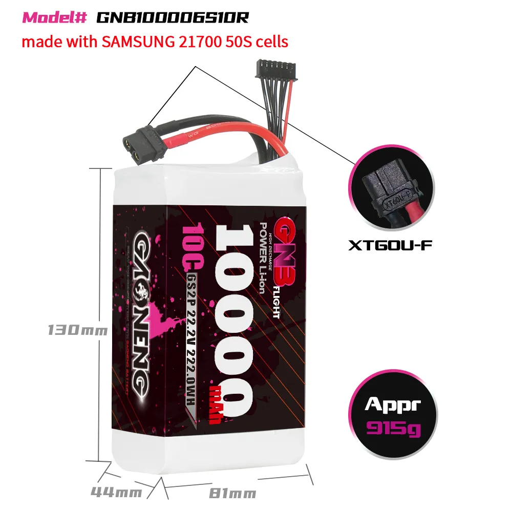 GAONENG GNB 6S 22.2V 10000mAh 10C XT60 Li-ion Samsung 21700 50S